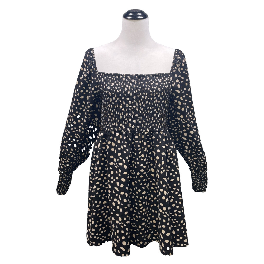Mi Ami Women XL Black Babydoll Mini Dress Beige Polka Dots Long Slv Country Boho